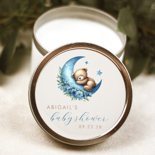 Sticker Rond Cute Aquarelle Ours Bleu Lune Baby shower garçon