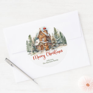 Sticker Rond Cute aquarelle pain d'épices maison forêt d'hiver
