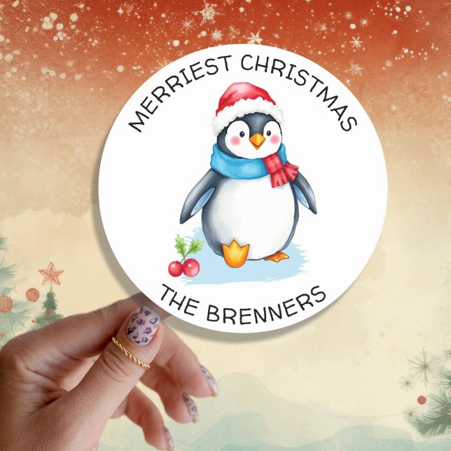 Sticker Rond Cute Aquarelle Penguin de Noël Personnalisé (Créateur téléchargé)