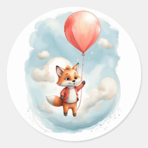 Sticker Rond Cute Aquarelle Petit Fox Grand Balloon rouge