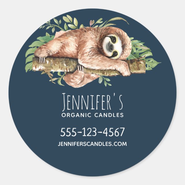 Sticker Rond Cute Aquarelle Sloth & Tropical Feuille Business (Devant)
