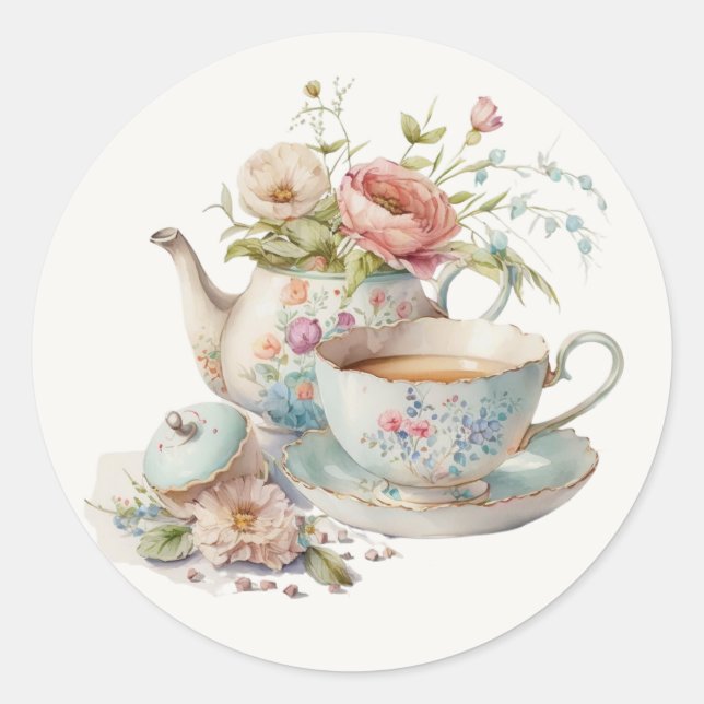 Sticker Rond Cute Aquarelle Teapot avec Bouquet Floral Classic (Devant)