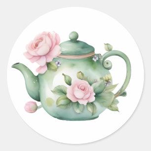 Sticker Rond Cute Aquarelle Teapot avec pivoines roses Classic