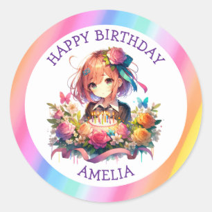 Sticker Rond Cute arc-en-ciel Anime Girl Birthday Cake Personna