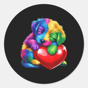 Sticker Rond Cute arc-en-ciel Chiot Accrocher Valentine Coeur E
