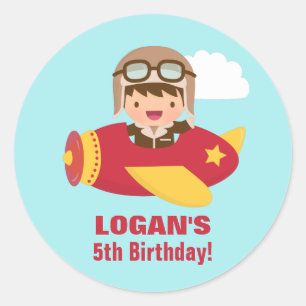 Sticker Rond Cute Aviator Boy Avion fête d'anniversaire