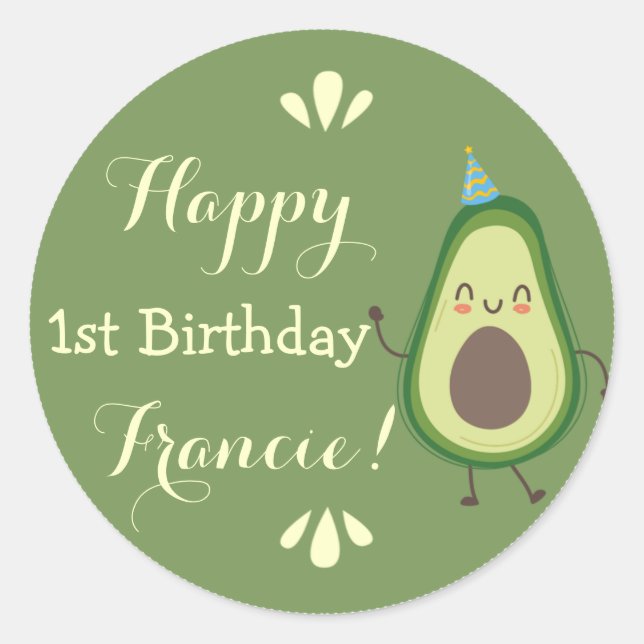 Sticker Rond Cute Avocado Personalize Colorful 1st Birthday (Devant)