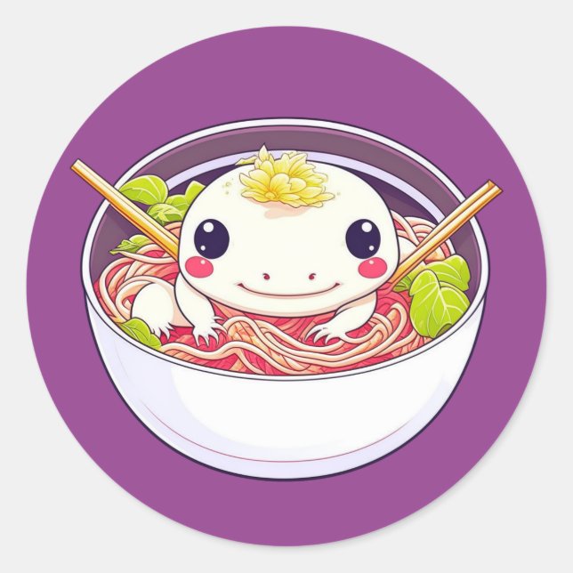Sticker Rond Cute Axolotl dans le bol de soupe Ramen (Devant)