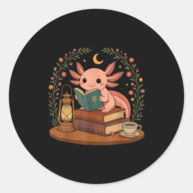 Sticker Rond Cute Axolotl Reading Books Cozy Bookworm  (Devant)