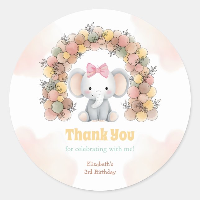 Sticker Rond Cute Baby Elephant Balloon Arch Birthday Thank You (Devant)