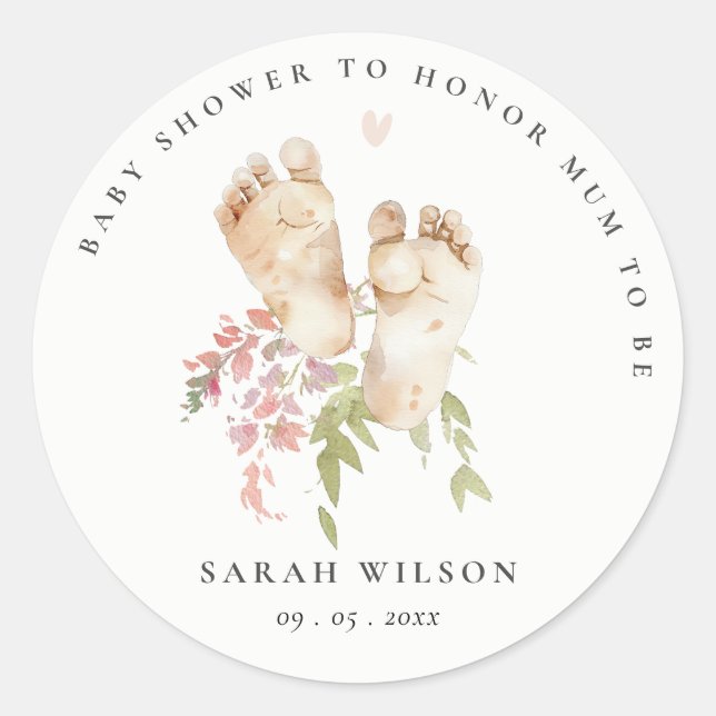 Sticker Rond Cute Baby Feet Blush Pink Floral Girl Baby Shower (Devant)
