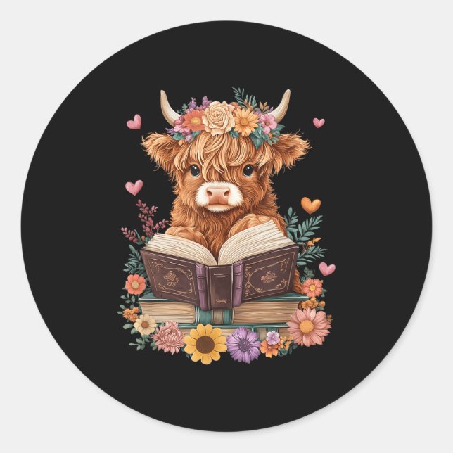 Sticker Rond Cute Baby Highland Vache Lecture Livre Lover Bookw (Devant)