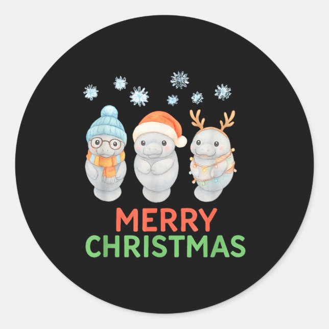 Sticker Rond Cute Baby Manatee Santa Reindeer Christmas Manatee (Devant)