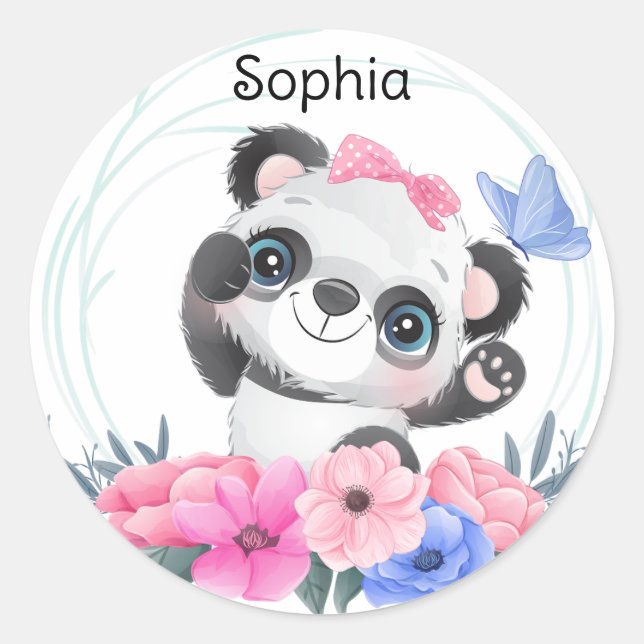 Sticker Rond Cute Baby Panda Flower Wreath Nom personnalisé (Devant)