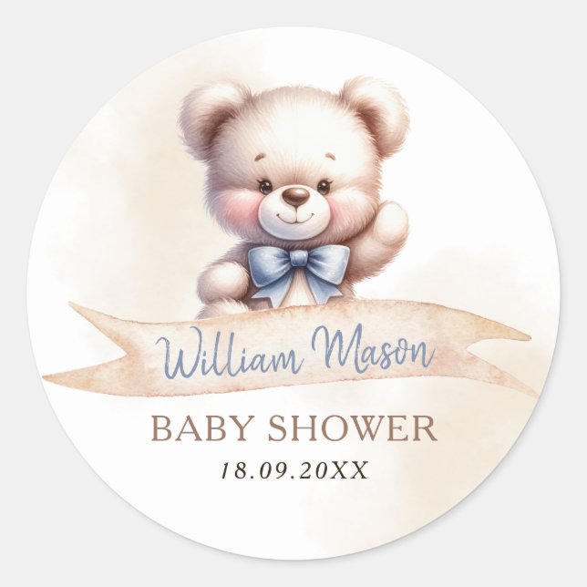 Sticker Rond Cute Baby shower Ours Teddy Aquarelle Moderne (Devant)