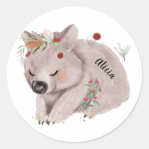 Sticker Rond Cute Baby Wombat Gold Speckle Nom personnalisé