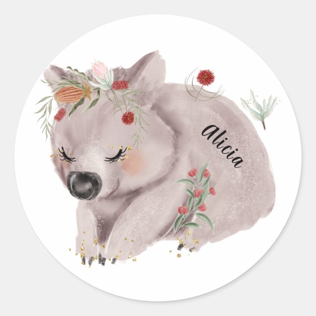 Sticker Rond Cute Baby Wombat Gold Speckle Nom personnalisé (Devant)