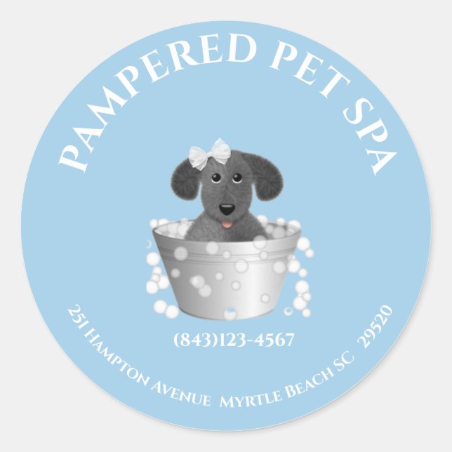 Sticker Rond Cute Baignoire Pet Groomer Adresse (Devant)