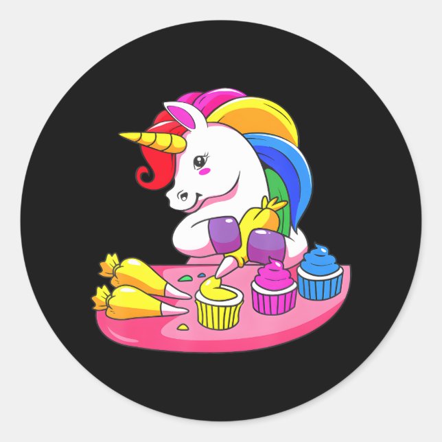 Sticker Rond Cute Baker Décorateur De Gâteau Cuisine Unicorne (Devant)