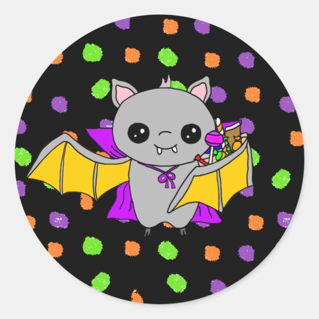Sticker Rond Cute Bat tenant Halloween Candy (Devant)
