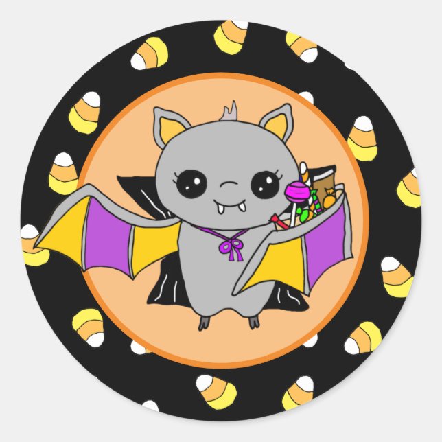 Sticker Rond Cute Bat tenant Halloween Candy (Devant)