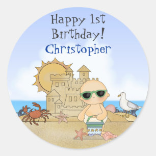 Sticker Rond Cute Beach personnalisée Baby Boy's 1st Birthday