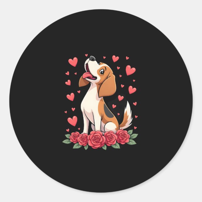 Sticker Rond Cute Beagle with Red Roses Hearts Floral Valentine (Devant)