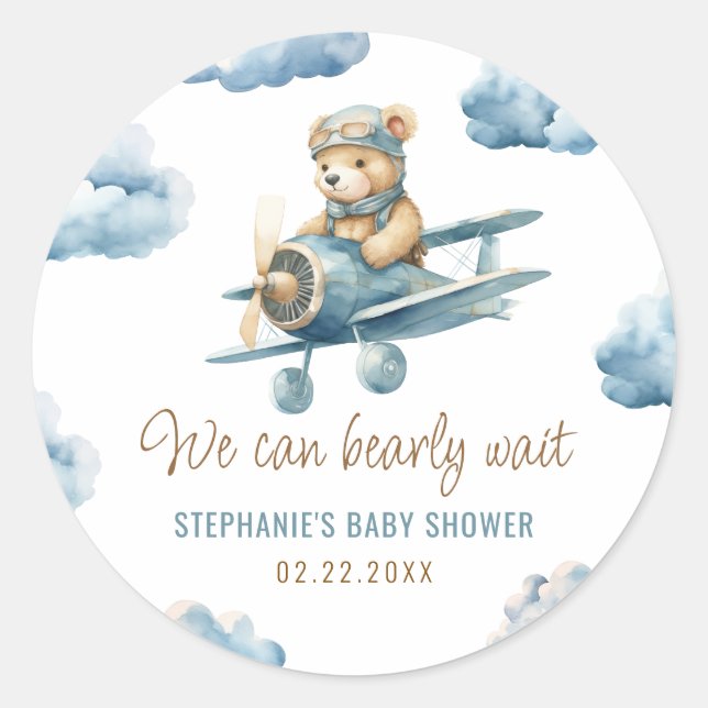 Sticker Rond Cute Bear Avion Bleu Baby Shower Garçon (Devant)