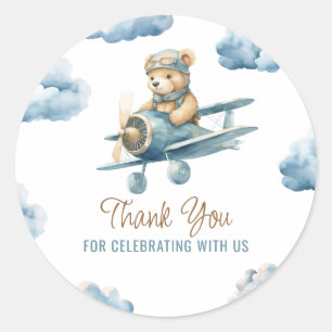 Sticker Rond Cute Bear Avion Blue Boy Baby shower Merci