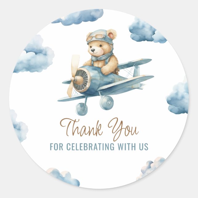 Sticker Rond Cute Bear Avion Blue Boy Baby shower Merci (Devant)