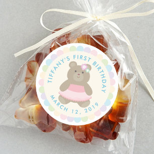 Sticker Rond Cute Bear Cub Ballerina Baby First Birthday Party