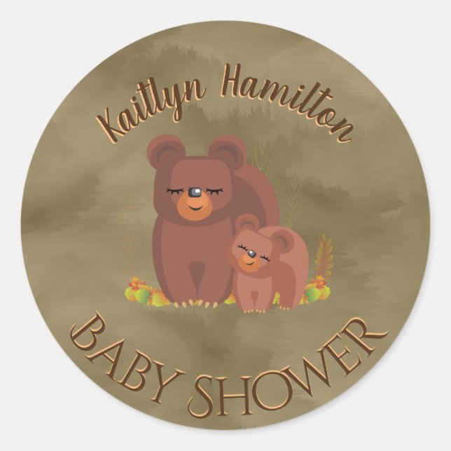 Sticker Rond Cute Bear Cub Garçon Mère Baby shower Bois (Devant)