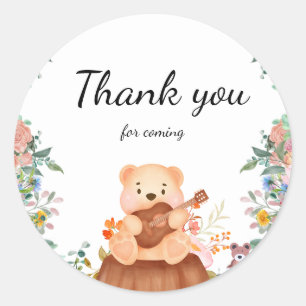 Sticker Rond Cute Bear jouer guitare fleur florale anniversaire