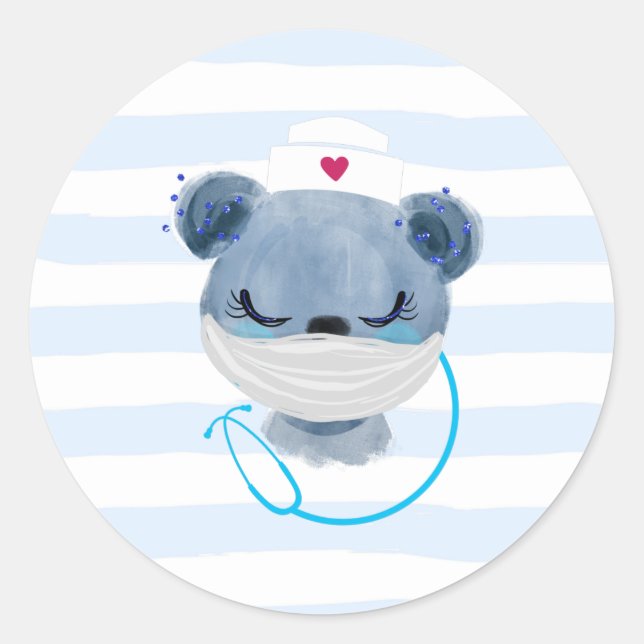 Sticker Rond Cute Bear Nurse portant un masque protecteur (Devant)