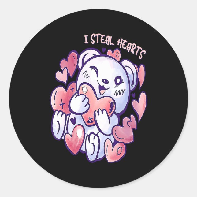 Sticker Rond Cute Bear Steal Hearts Valentines Day Or Toddler  (Devant)
