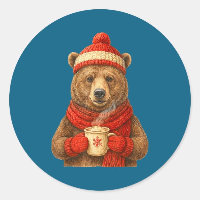 Sticker Rond Cute Bear With Santa Hat Coffee Lover Funny Winter (Devant)