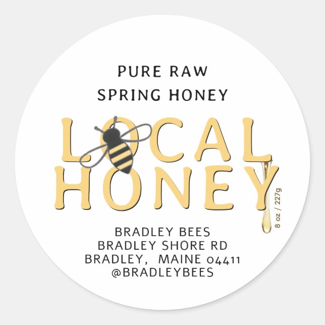 Sticker Rond Cute Bee Raw Miel de printemps local avec goutte d (Devant)