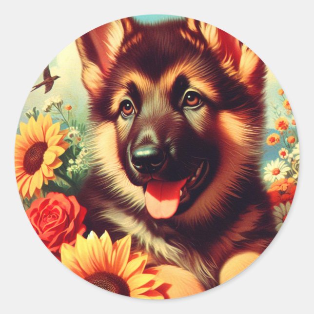Sticker Rond Cute berger allemand Peinture de chiot (Devant)