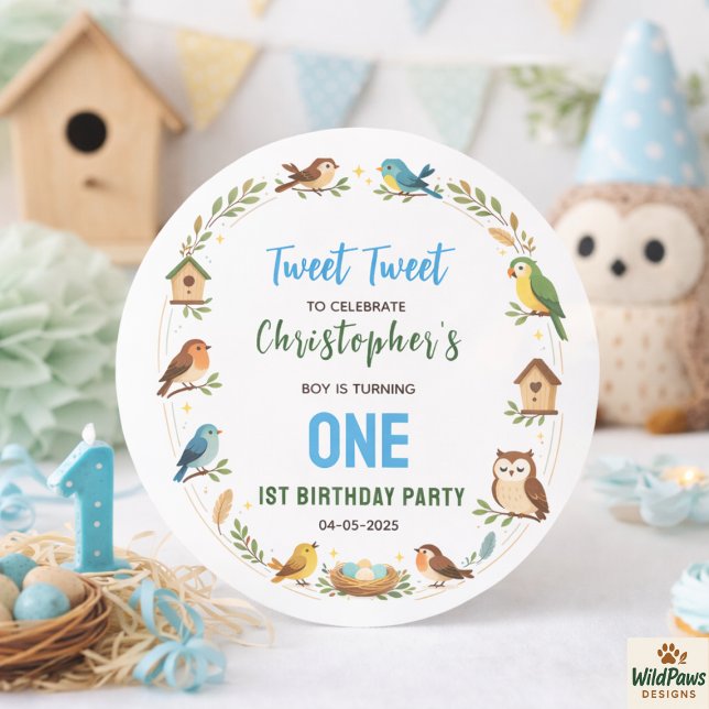 Sticker Rond Cute Birds 1st Birthday Party – Fun Kids  (Cute Birds 1st Birthday Party – Fun Kids Classic Round Sticker
)