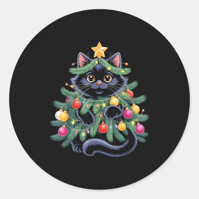 Sticker Rond Cute Black Cat Christmas Tree Funny Kitten Lover X (Devant)