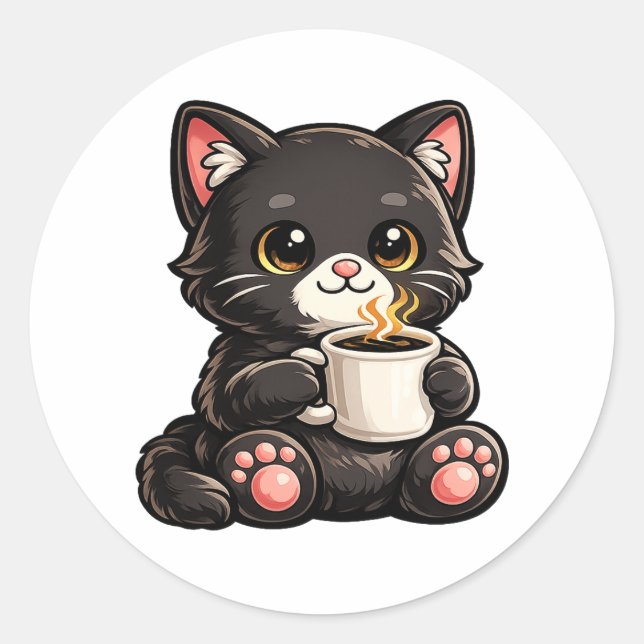 Sticker Rond Cute Black Cat Coffee – Cozy Kawaii Cat Illustrati (Devant)