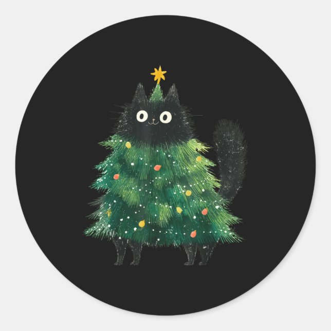 Sticker Rond Cute Black Cat In Christmas Tree Cat Lover Holiday (Devant)