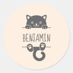 Sticker Rond Cute Black Cat Pékin derrière Nom Personnalisé