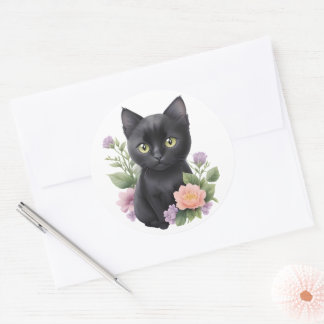 Sticker Rond Cute Black Chat Floral Whimsical