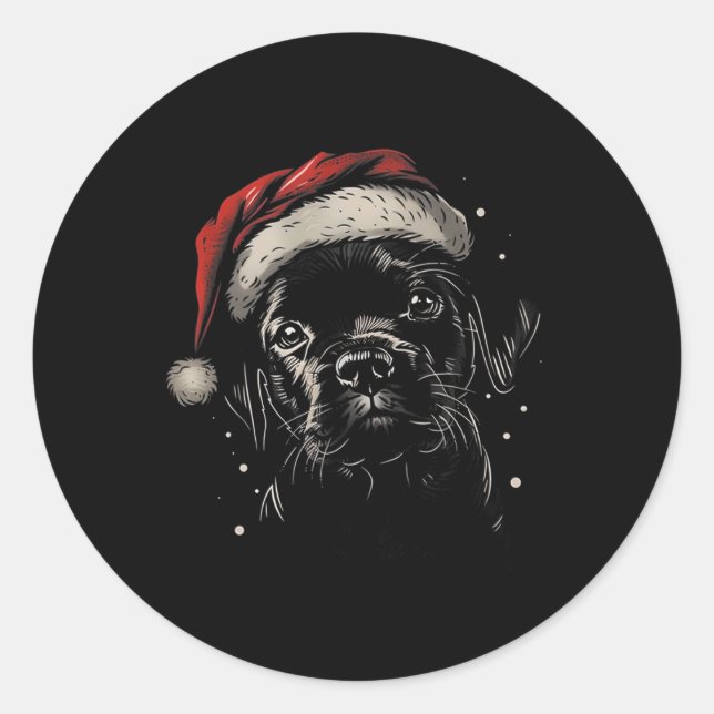 Sticker Rond Cute Black Puppy Lab Santa Hat Xmas Chien Labrador (Devant)