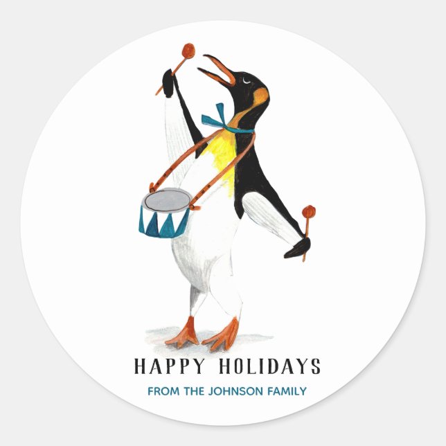 Sticker Rond Cute Black&white amusant pingouin musicien avec ba (Devant)