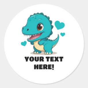 Sticker Rond Cute blanc et Turquoise T-rex personnalisé