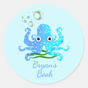 Sticker Rond Cute bleue Octopus avec bulles Plaque de livre nau