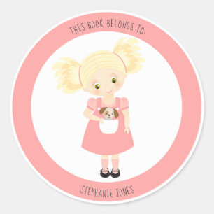 Sticker Rond Cute Blonde Girl and Puppy Ce livre appartient à