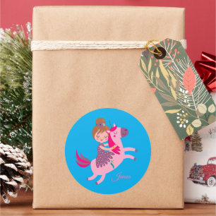 Sticker Rond Cute Blondie Haired Girl équitation sur une licorn